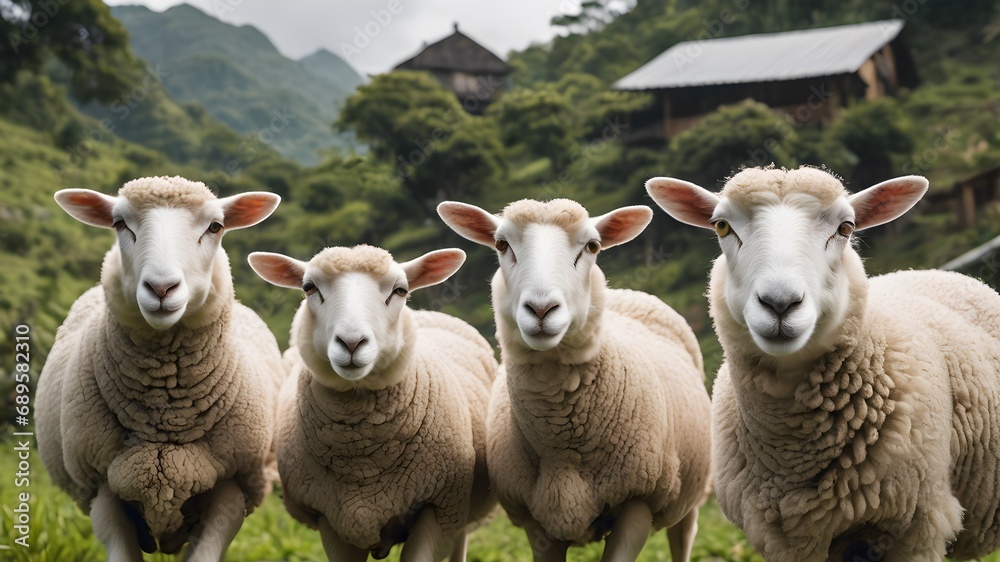 sheep and lambs in the farm field , cute lamps , farm house , rural area sheep and lambs in the farm field , cute lamps , farm house , rural area