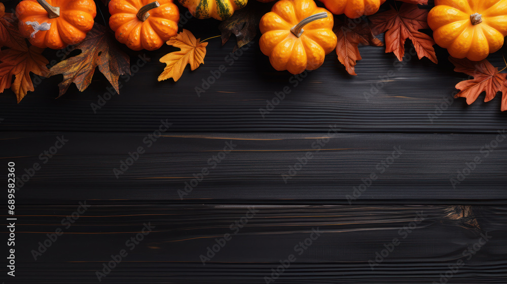 Festive Autumn Decor on Black Wooden Background, Pumpkin aand Leaves on Dark Wood Festive Autumn Decor on Black Wooden Background, Pumpkin aand Leaves on Dark Wood