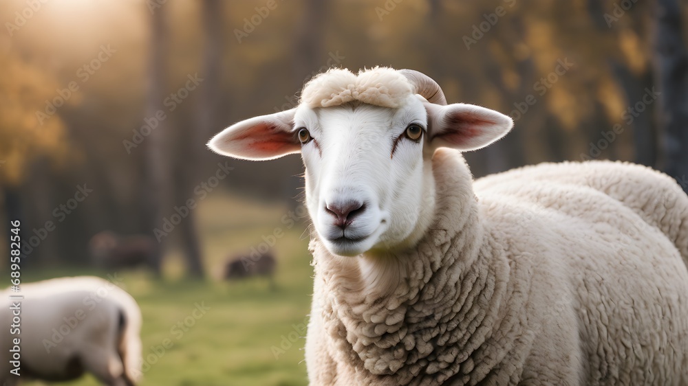 a portrait of a sheep in a flower field , high quality