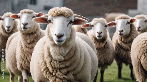 sheep and lambs in the farm field , cute lamps , farm house , rural area 