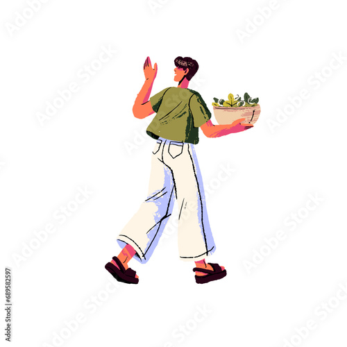 Friendly person greeting, waving hand, say hello. Happy character hold salad bowl, carrying dish with greens. People going, walking back view. Flat isolated vector illustration on white background