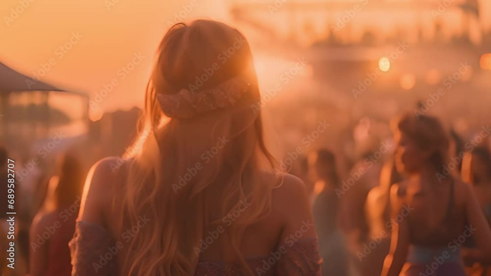 Girl dancing and having fun on outdoor festival bohemian. Colorful summer sunlight on music festival. People party dancing recreation holiday. fun people music. boho religion concept freedom