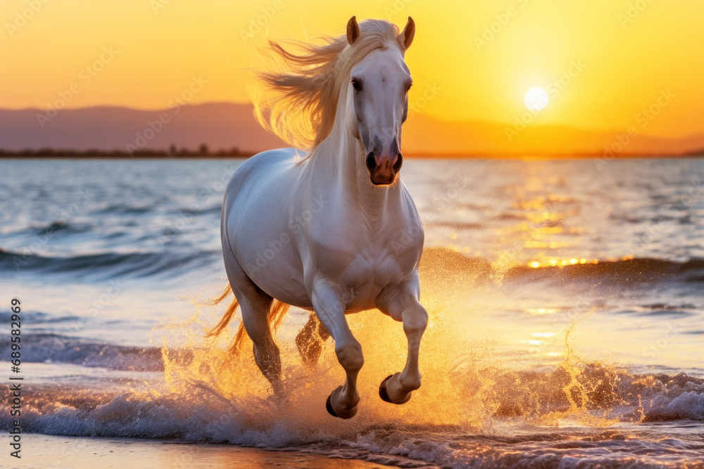 Silhouette of horse running at beach sunset