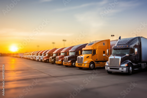 Orange commercial truck leading fleet at dusk photo