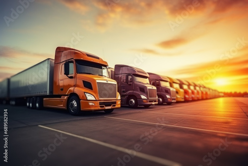 Fleet of orange semi trucks at sunset on parking lot
