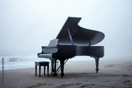 Grand piano on sandy beach with misty backdrop