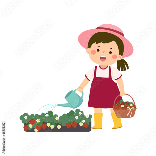 Little girl holding watering can and watering strawberry bushes.