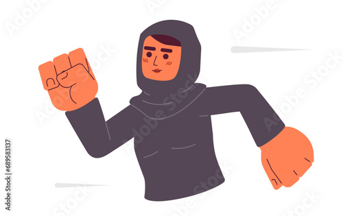 Running in hijab athlete woman 2D cartoon character. Jogging female muslim isolated vector person white background. Sprinter female marathon training sportswoman color flat spot illustration