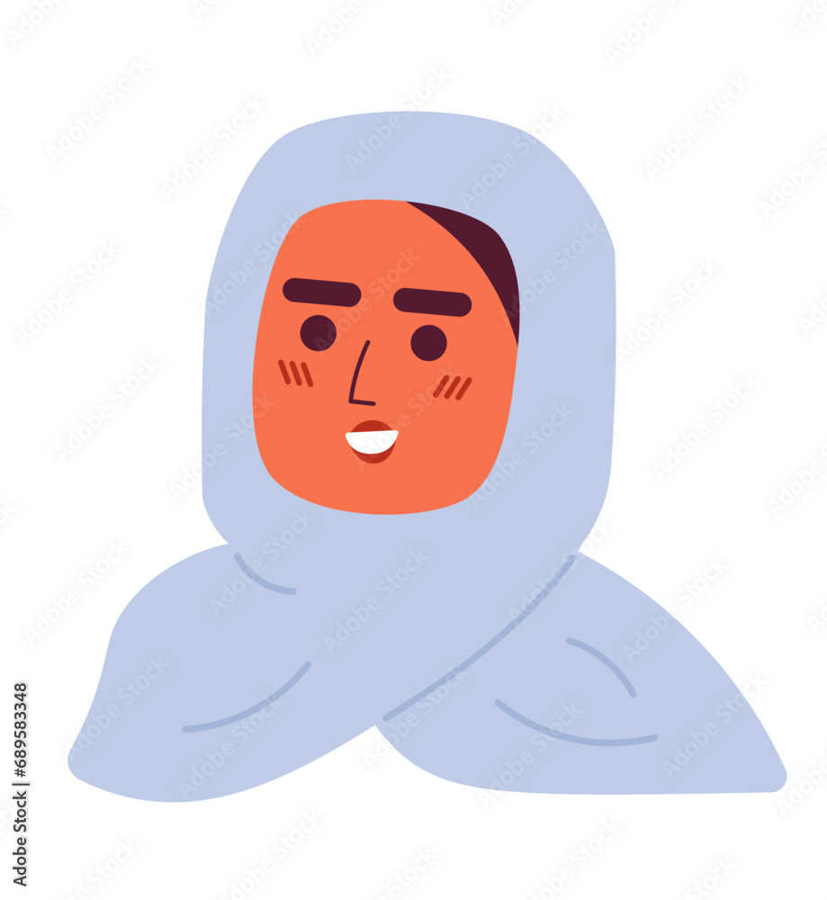 Arabic woman wearing hijab scarf 2D vector avatar illustration. Middle eastern adult female cartoon character face portrait. Islamic veiled flat color user profile image isolated on white background