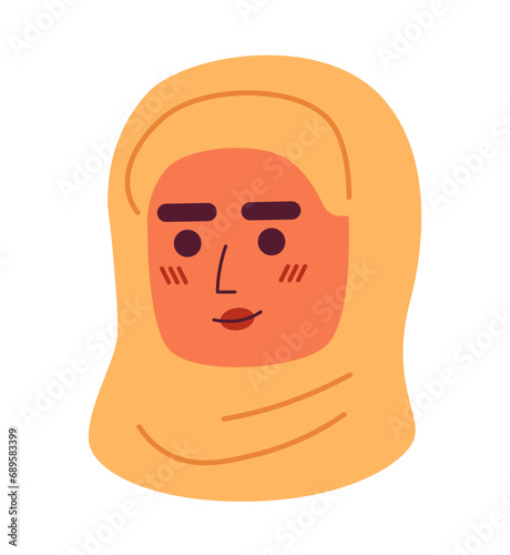 Middle eastern woman modest 2D vector avatar illustration. Muslim beautiful female cartoon character face portrait. Traditional headscarf flat color user profile image isolated on white background