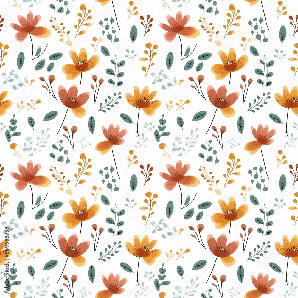 Floral seamless pattern with flatlay flowers on white background