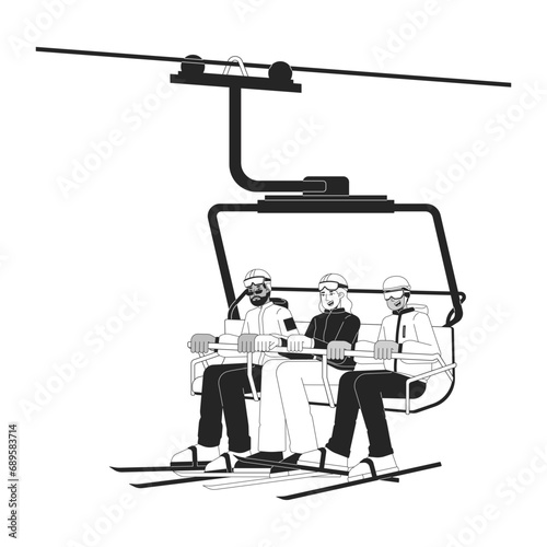 Skiing warm clothing people on chairlift black and white 2D line cartoon characters. Elevator skiers isolated vector outline people. Winter sportsmen diverse monochromatic flat spot illustration