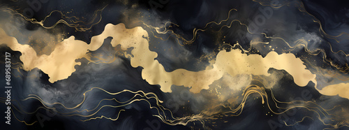 a black and gold background with swirls and swirls, in the style of fluid watercolor washes, light navy and dark gold, ethereal landscape, poured