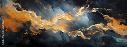 3d abstract paint splash, black, golden, and blue swirl on canvas, in the style of dark sky-blue and dark gold, translucent water, aerial view, abstraction-création, gauzy atmospheric landscapes, atmo