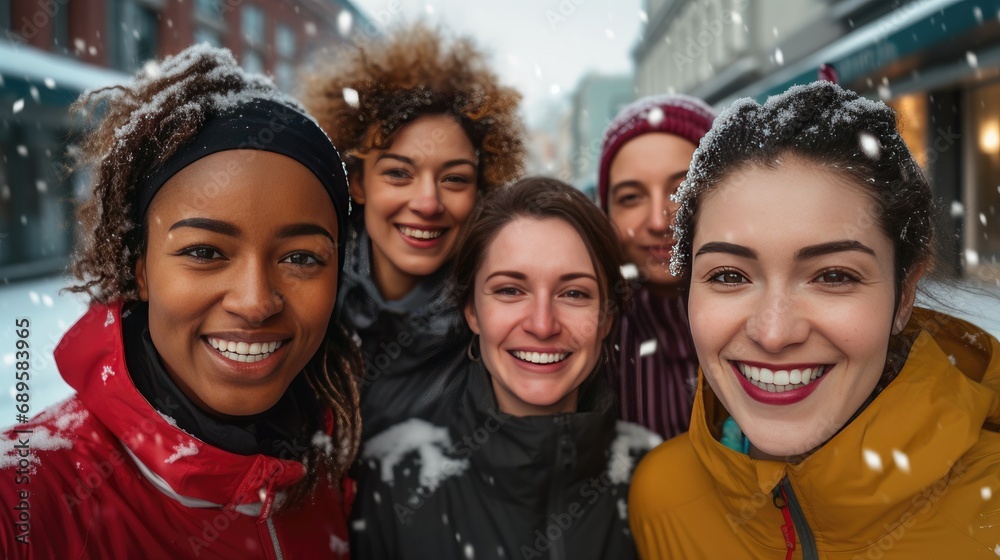 Group of people is jogging outside in the snow Group of people is jogging outside in the snow