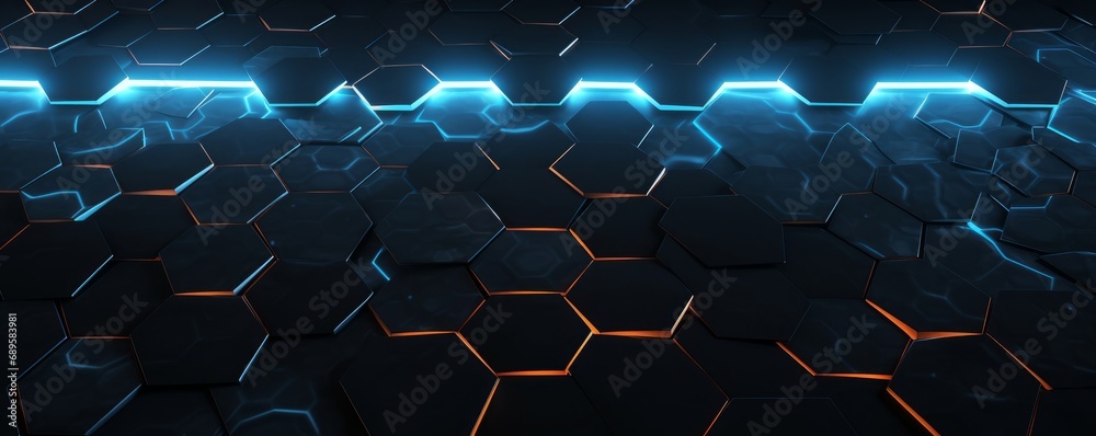 Abstract hexagonal geometric ultra wide background. Structure of lots of hexagons of carbon fiber with bright energy light breaking through the cracks. Generative AI - obrazy, fototapety, plakaty 