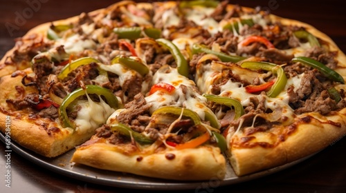 an appetizing snapshot of a loaded Philly cheesesteak pizza