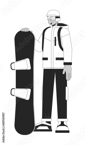 Standing snowboarder with helmet black and white 2D line cartoon character. Young adult arab man isolated vector outline person. Winter extreme sports enthusiast monochromatic flat spot illustration