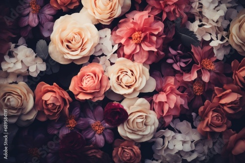 Artificial Flowers Wall for Background in vintage style, Generative AI