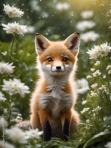 red fox cub in the flower jungle , portrait of fox baby © monu