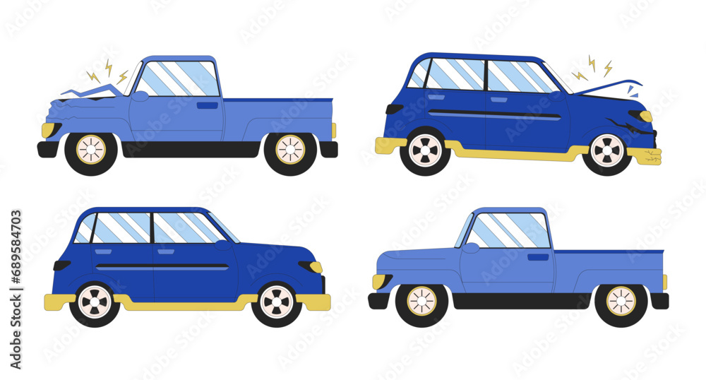 Auto repair shop 2D linear cartoon objects set. Accident automobile isolated line vector elements white background. Retro cars. Newly refurbished vehicle color flat spot illustration collection
