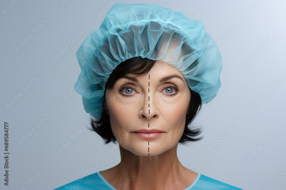 Grey hair woman 60 yers old portrait with disposable cap on white background. Plastic surgery. Beuty concept Grey hair woman 60 yers old portrait with disposable cap on white background. Plastic surgery. Beuty concept