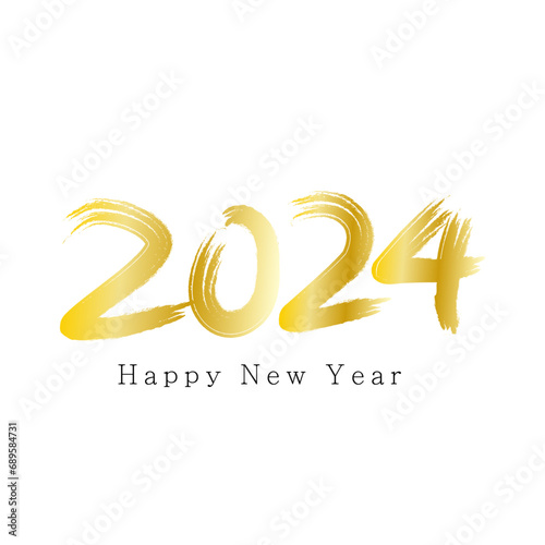 Happy New Year 2024 horizontal banner or header for website, greeting card or poster. 2024 logo text design with handwritten gold numbers 2024 and sparkling star confetti isolated on white background