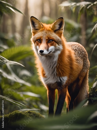 red fox portrait in fantasy jungle , beautiful box photography in the wild ,HD clear photo