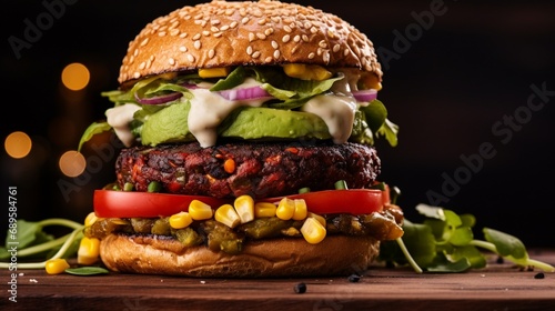 a tempting image of a black bean and corn burger  showcasing a vegetarian patty topped with fresh salsa and creamy avocado