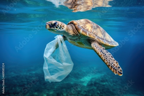 Mediterranean sea turtle deep underwater with plastic bag. Ocean life, wildlife. Concept of ecology problems and plastic debris in ocean. Slow reproduction rates. Micronizing ocean plastics photo