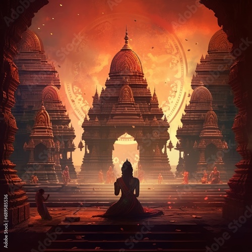 Hinduism inspired concept art. Hindu religious painting. Gods, divinities, colorful geometric shapes with cinematic light and epic set-up. Religious celebration, spirituality, Generative AI photo