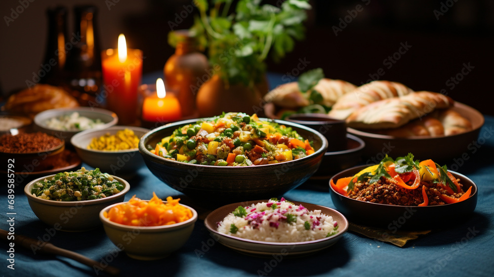Nowruz Feast: A vibrant spread of traditional Nowruz dishes arranged on a table, featuring sabzi polo, samanu, and other festive treats, creating a colorful and appetizing scene.