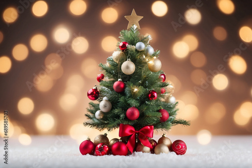 A Christmas tree with colorful baubles and blurred shiny lights with copy space