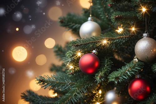 A Christmas tree with colorful baubles and blurred shiny lights with copy space