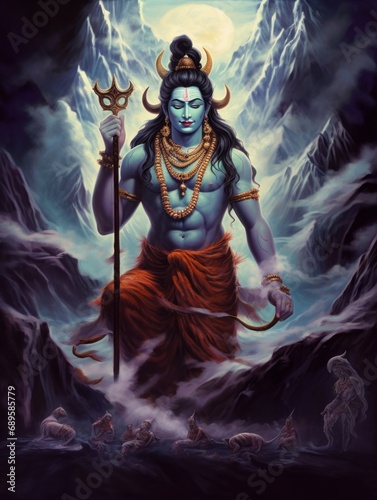 Lord Shiva (Hindu God) appearing from Himalaya, Generative AI