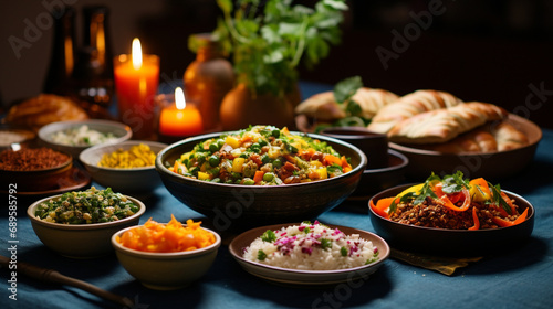 Nowruz Feast: A vibrant spread of traditional Nowruz dishes arranged on a table, featuring sabzi polo, samanu, and other festive treats, creating a colorful and appetizing scene.