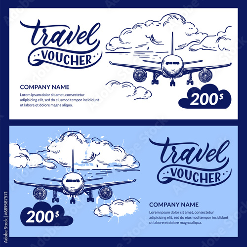 Travel gift card, voucher, certificate. Vector hand drawn watercolor sketch illustration of flying airplane and clouds