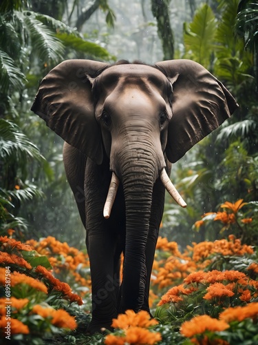 elephant in the middle of jungle, flower field, elephant portrait , fantasy photography
