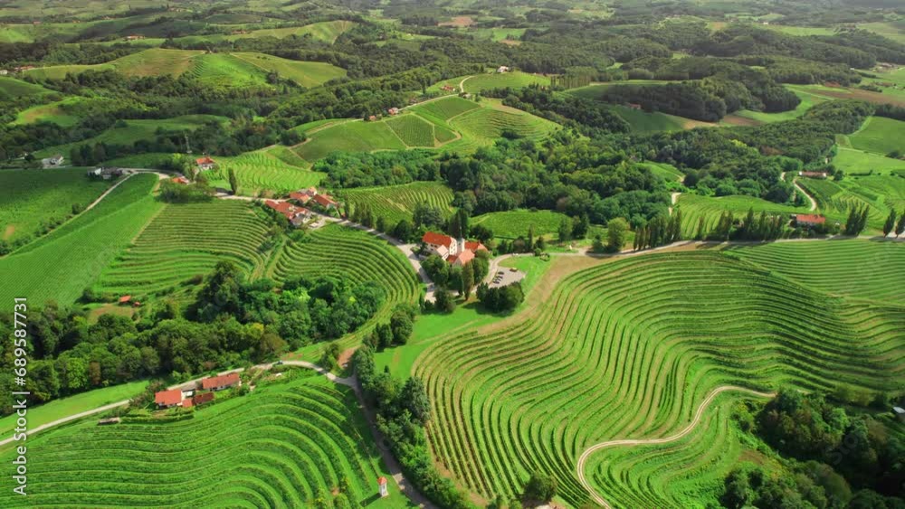 Aerial view of the Church and green vineyards, Jeruzalem winery region, Slovenia Aerial view of the Church and green vineyards, Jeruzalem winery region, Slovenia