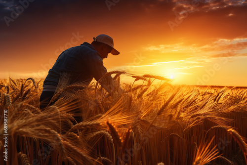A scenic image capturing the early morning harvest of cereal in a golden field, with farmers collecting grain against the backdrop of a beautiful sunrise, representing the natural process of cereal pr