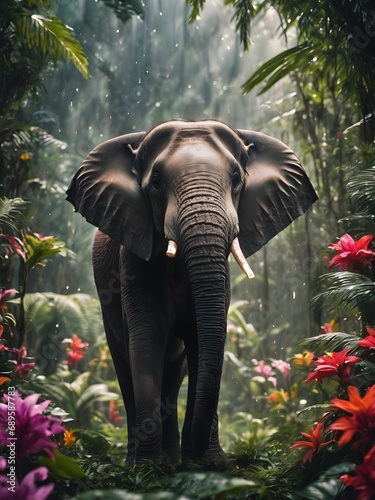 elephant in the middle of jungle  flower field  elephant portrait   fantasy photography