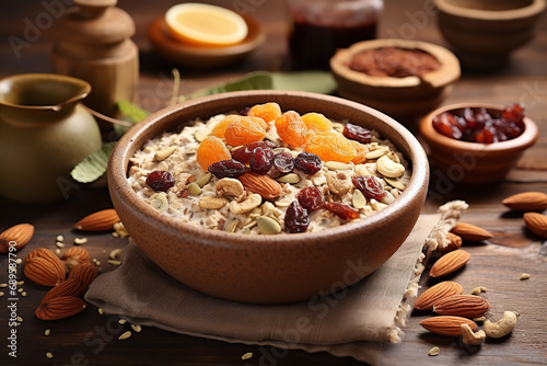 An image depicting a rustic homemade muesli cereal in a clay bowl - consisting of a mix of oats - dried fruits - and nuts - symbolizing an artisanal breakfast and natural simplicity. photo