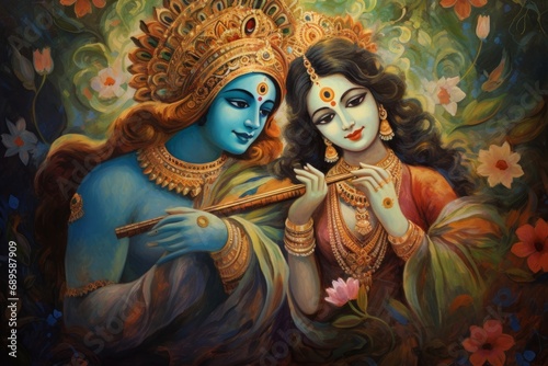 radha and krishna playing flute, hand painted illustration, Generative AI
