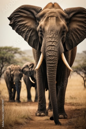 A flock of elephants in the wild Savannah  Safari  Africa.