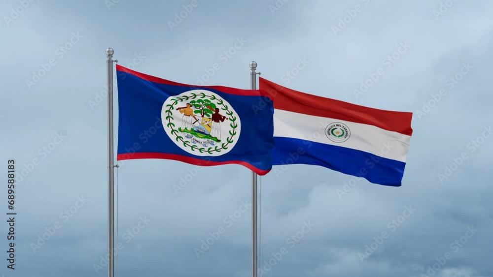 Paraguay flag and Belize flag waving together on cloudy sky, endless seamless loop, two country relations concept