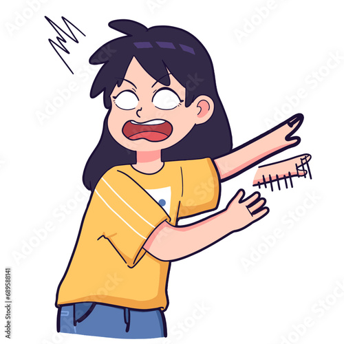 The expression of a girl who looks shocked, panicked and afraid because she saw something, cartoon expression illustration
