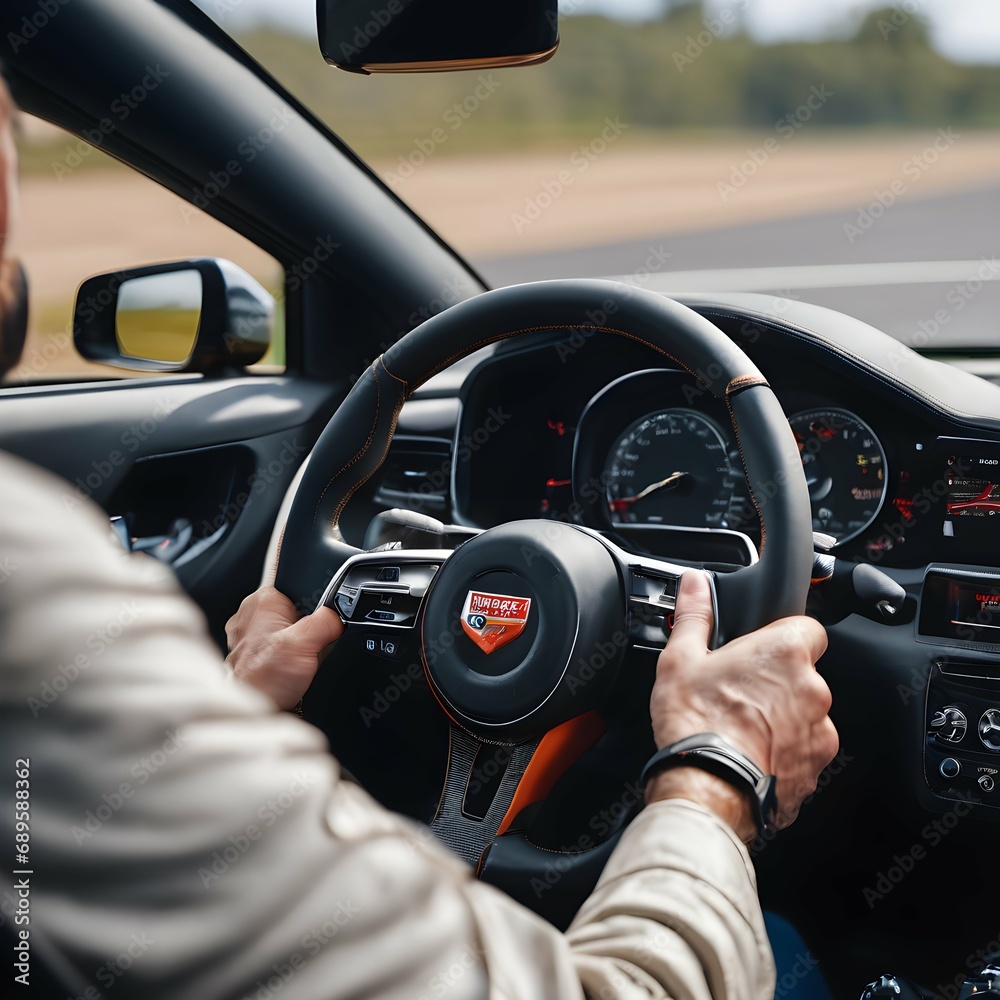 Close-up of a race car driver's hands gripping the steering wheel during a race