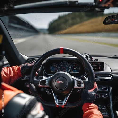 Close-up of a race car driver's hands gripping the steering wheel during a race