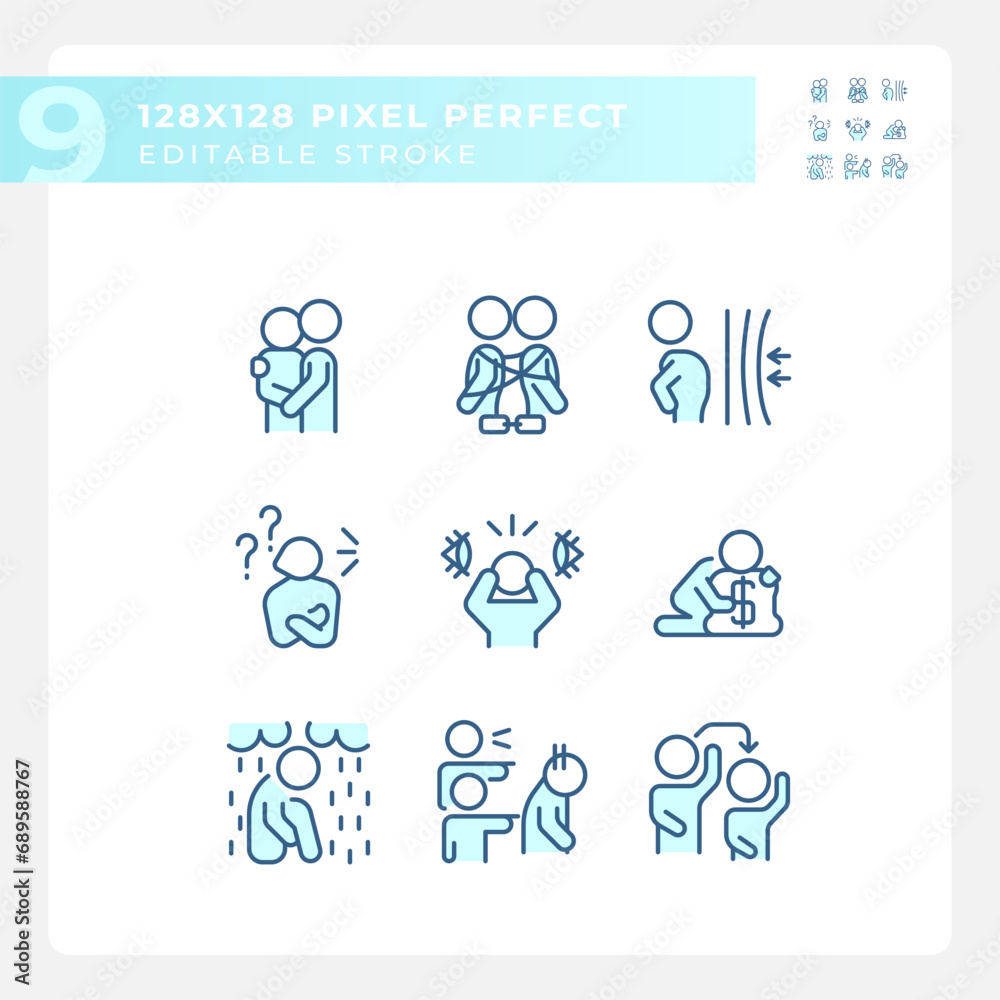 2D pixel perfect blue icons set representing psychology, editable thin line illustration.