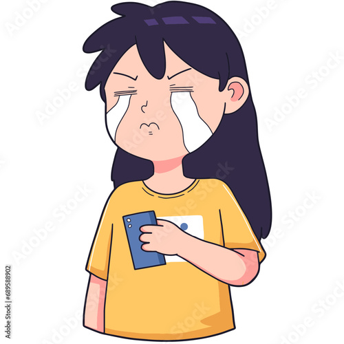 the expression of a girl crying sadly while holding her smartphone, cartoon expression illustration